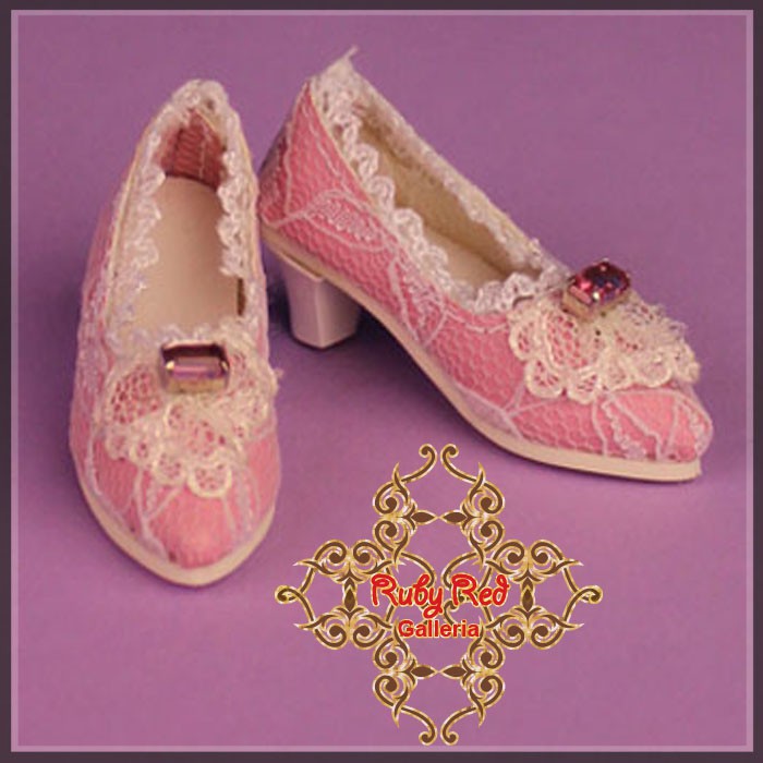 Pink High Heel Shoes with White Lace for 12" Dolls (WH0060A)